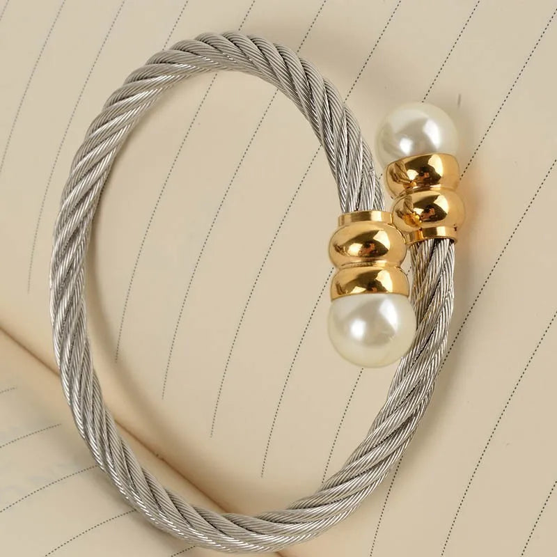 New Top Quality Gold Color Stainless Steel Cable Bracelet Chain Bracelet & Bangles for Men or Women Fashion Pearl Jewelry