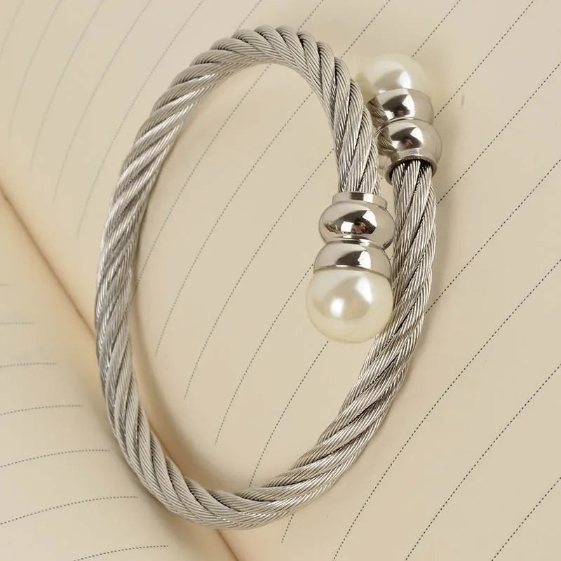 New Top Quality Gold Color Stainless Steel Cable Bracelet Chain Bracelet & Bangles for Men or Women Fashion Pearl Jewelry
