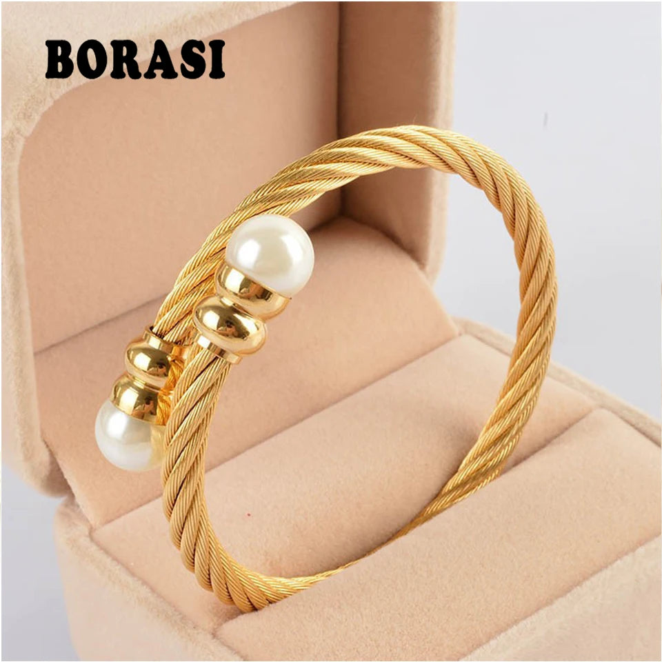 New Top Quality Gold Color Stainless Steel Cable Bracelet Chain Bracelet & Bangles for Men or Women Fashion Pearl Jewelry