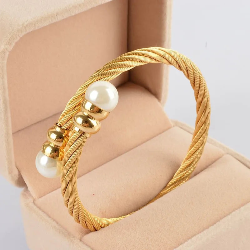 New Top Quality Gold Color Stainless Steel Cable Bracelet Chain Bracelet & Bangles for Men or Women Fashion Pearl Jewelry
