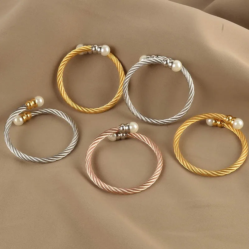 New Top Quality Gold Color Stainless Steel Cable Bracelet Chain Bracelet & Bangles for Men or Women Fashion Pearl Jewelry