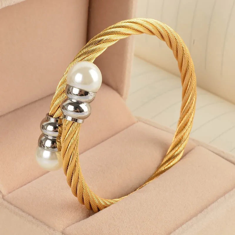 New Top Quality Gold Color Stainless Steel Cable Bracelet Chain Bracelet & Bangles for Men or Women Fashion Pearl Jewelry