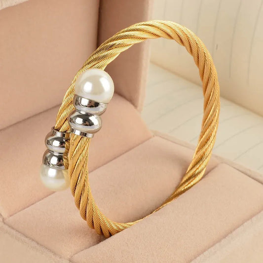 New Top Quality Gold Color Stainless Steel Cable Bracelet Chain Bracelet & Bangles for Men or Women Fashion Pearl Jewelry