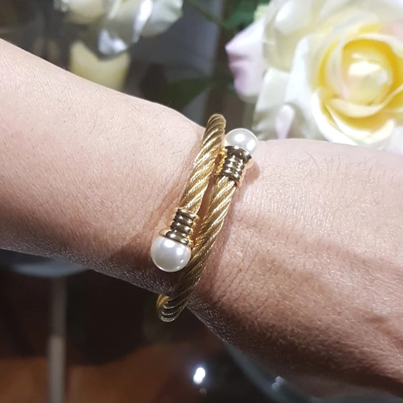 New Top Quality Gold Color Stainless Steel Cable Bracelet Chain Bracelet & Bangles for Men or Women Fashion Pearl Jewelry