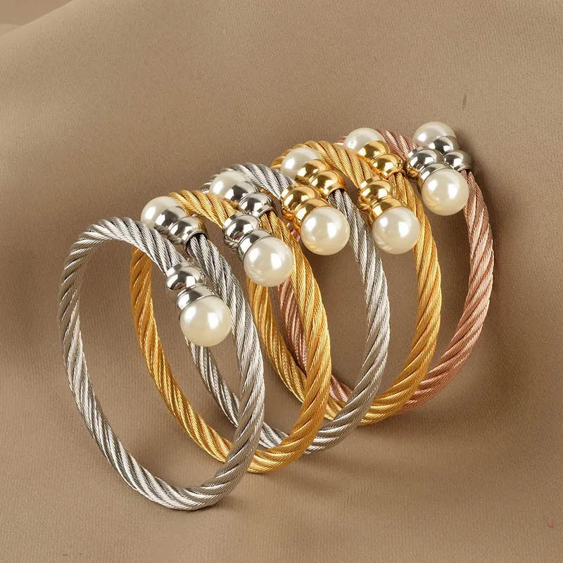 New Top Quality Gold Color Stainless Steel Cable Bracelet Chain Bracelet & Bangles for Men or Women Fashion Pearl Jewelry